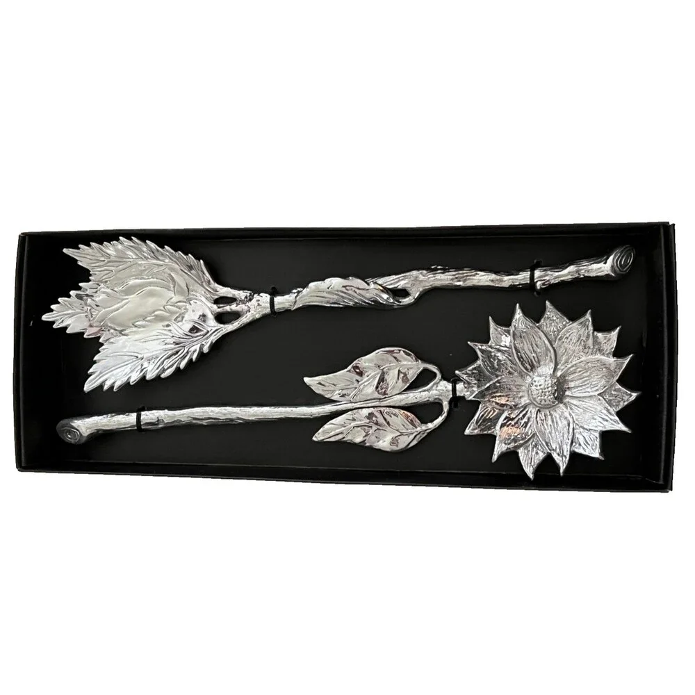 NIB Aluminum Salad Servers Set Sunflower Rose Floral Silver Wedding Party Gift